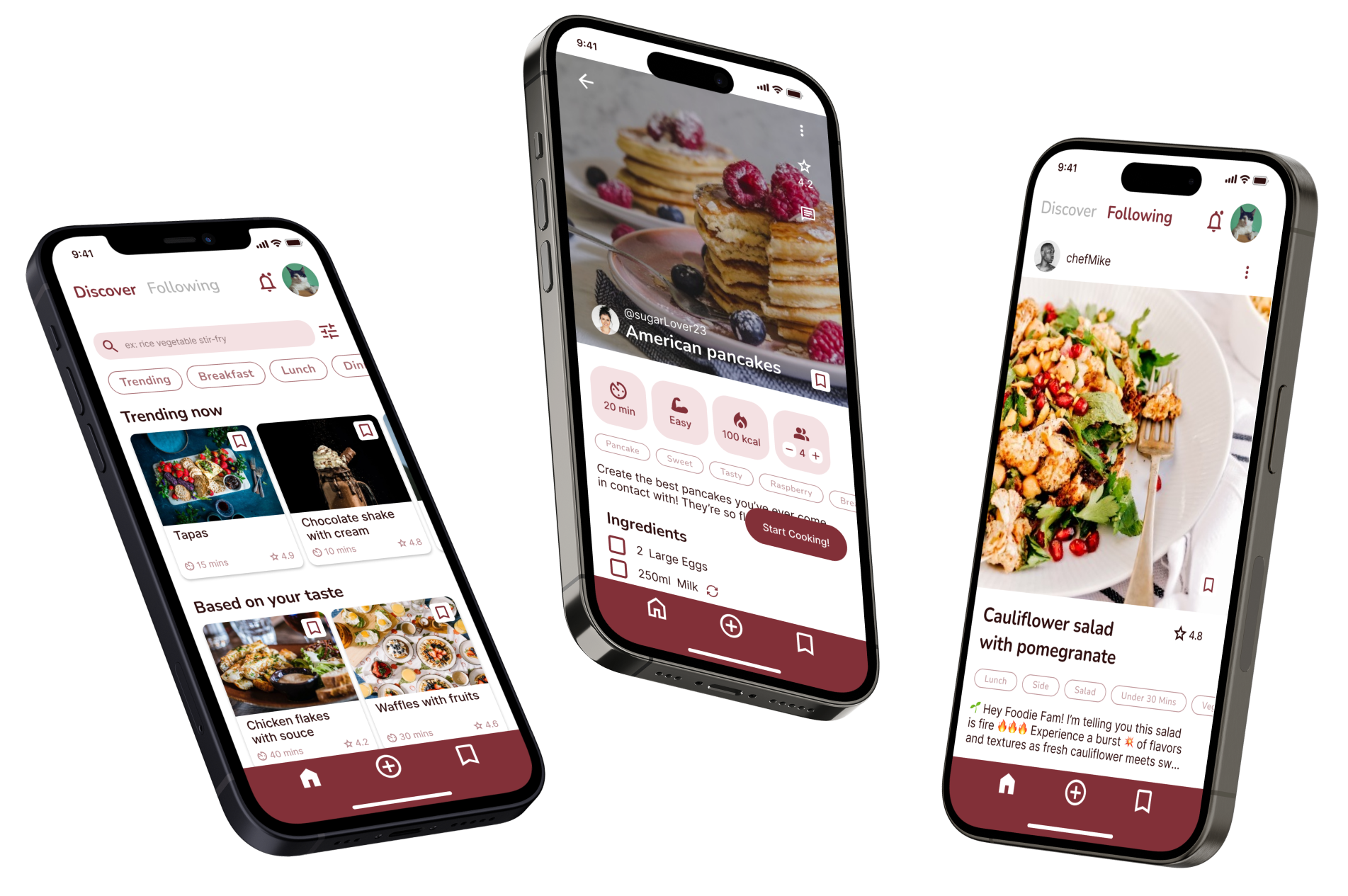 Mock-ups showing screens of the Beyond Gluten app on 3 phones